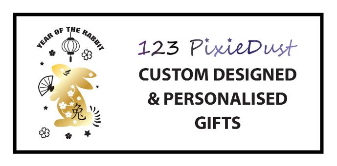 banner showing a gold bunny year of the rabbit design tect reads 123 pixiedust customised and personalised gifts