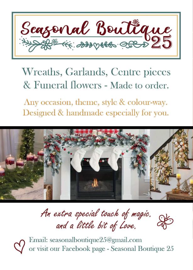 poster showing seasonal boutique 25 logo and advertising wreaths garlands show christmas fire place with floral wreath heart and butterfly details