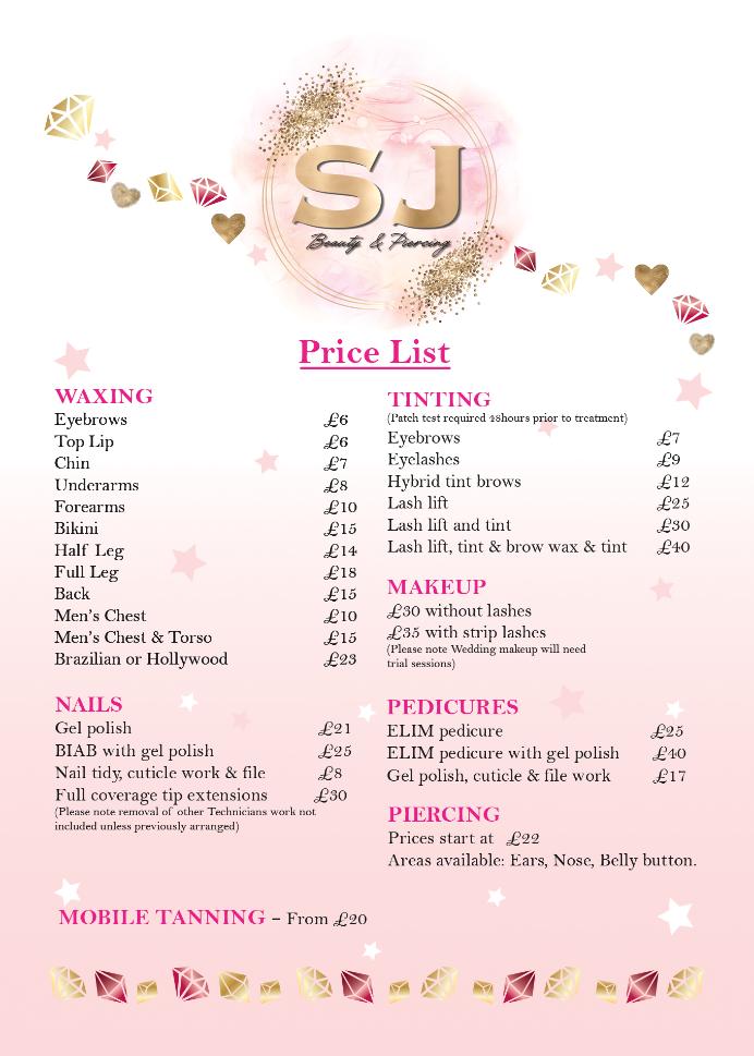poster showing price list for SJ Beauty and peaircing in cannock diamonds and sparkle stars logo at top