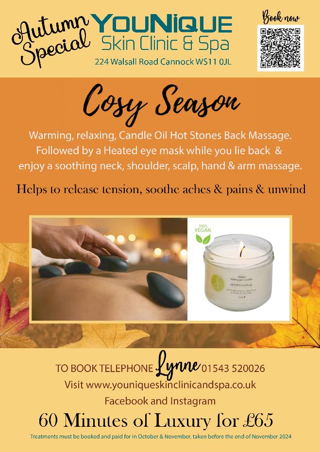 younique skin clinic poster offering hot stone massage